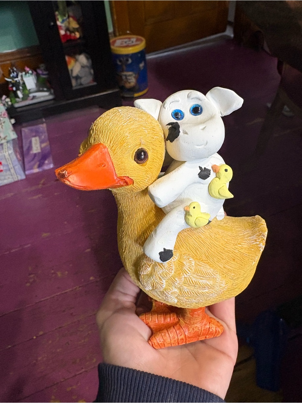 White Cow Figurine Riding Yellow Duck - Decorative Pet Bird Accent
